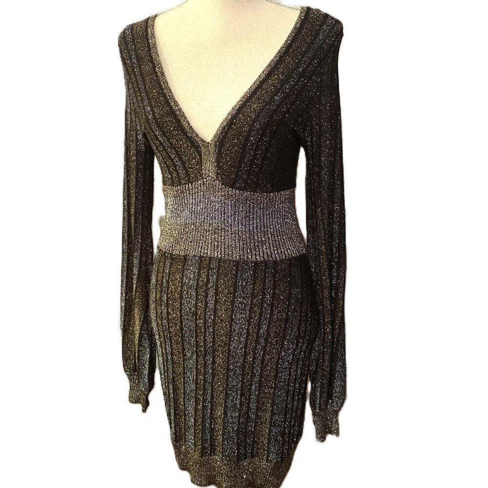 GUESS sweater dress Black and Gold Metallic Long Sleeve Dress